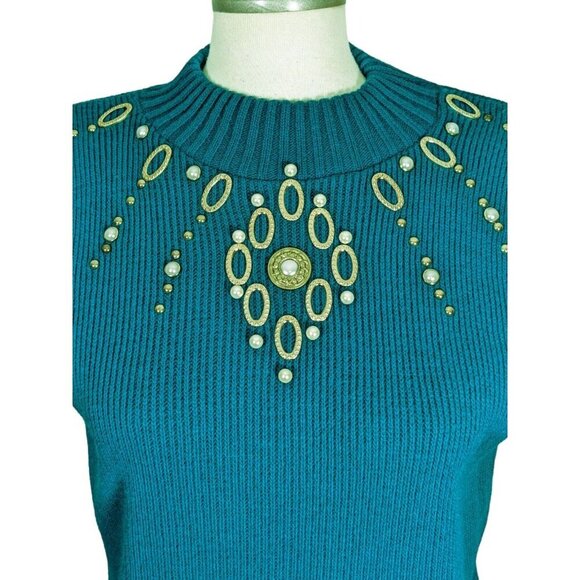 Vintage Womens Sweater Mock Neck Sleeveless OS Teal Embellished Ribbed Longline - Picture 2 of 5